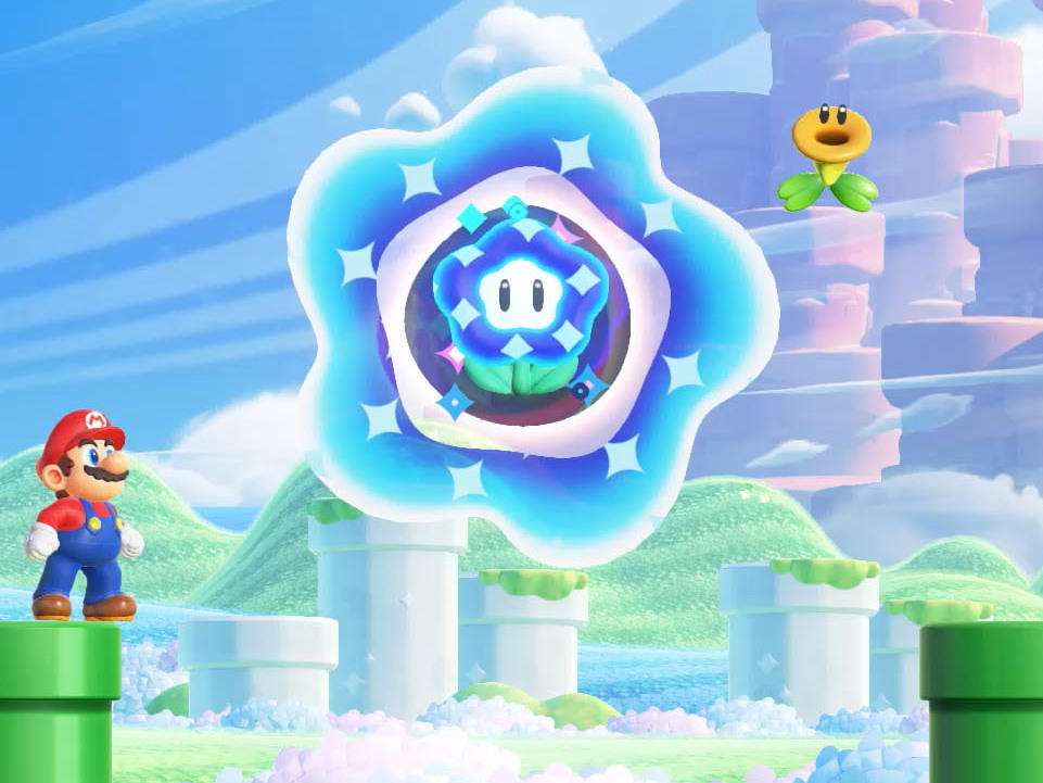 Mario and a Talking Flower contemplate the Wonder Flower that will soon rock their world.