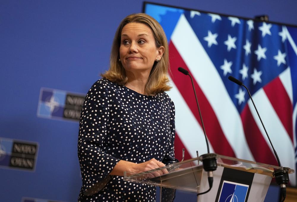 U.S. Ambassador to NATO Julianne Smith speaks during a media conference at NATO headquarters in Brussels in February 2022.