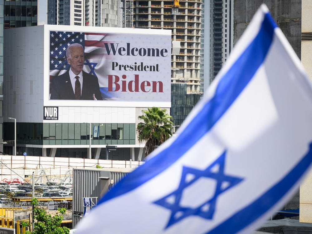 A digital billboard in Tel Aviv welcomes U.S. President Joe Biden to Israel on Wednesday.