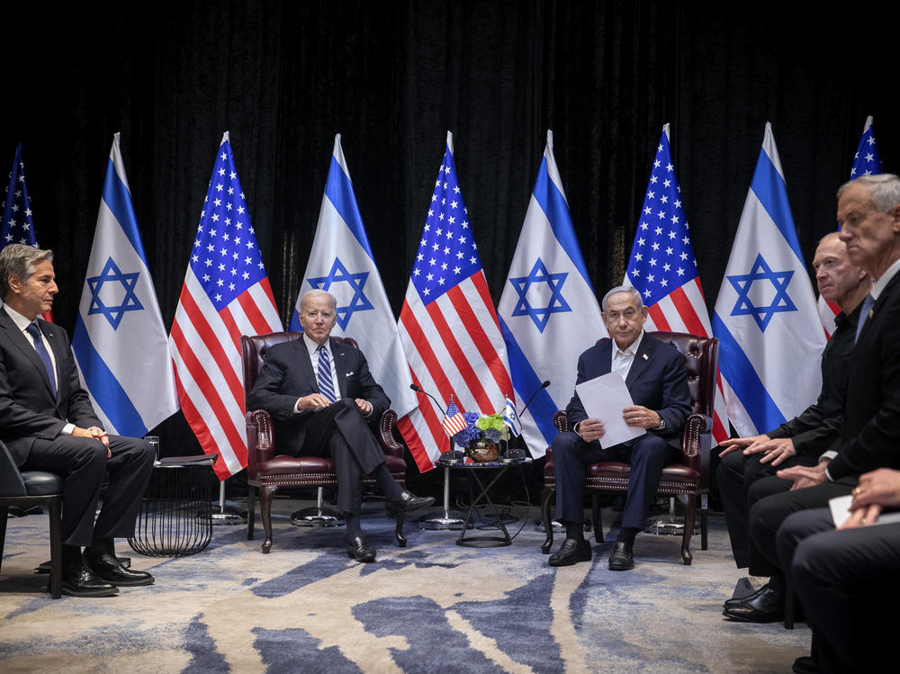 President Joe Biden, center left, during a meeting with Israeli Prime Minister Benjamin Netanyahu, center right, in Tel Aviv, Israel, Wednesday.
