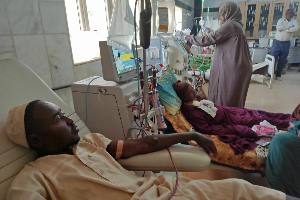 Sudanese patients suffering from kidney failure, undergo a dialysis treatment at the Soba Hospital in southern Khartoum on June 3, 2023.