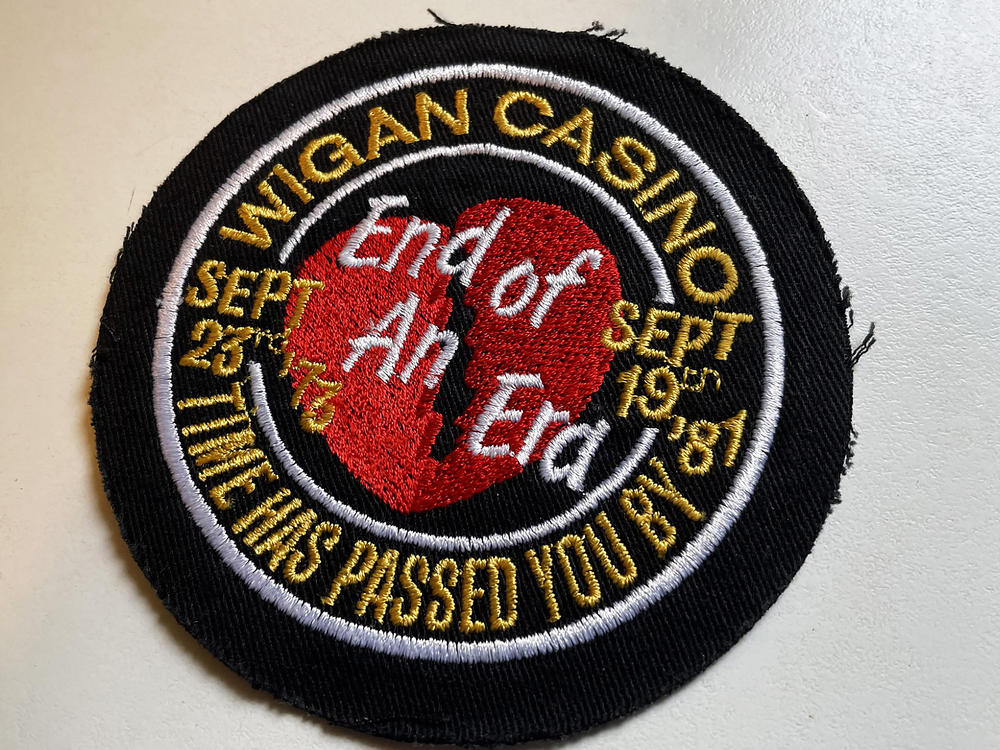 A souvenir woven patch from the last night at the Wigan Casino, which played Northern Soul at all night dances during the '70s and early '80s.