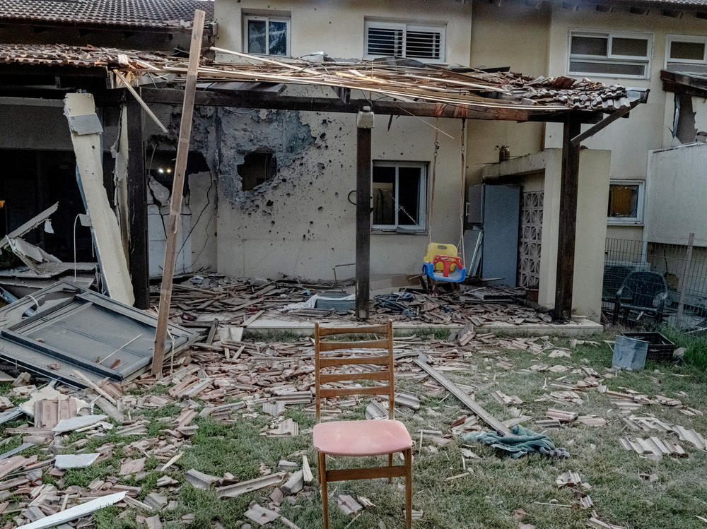 A house destroyed by Hamas in the Kfar Aza kibbutz in southern Israel about 3 miles away from the border with Gaza.
