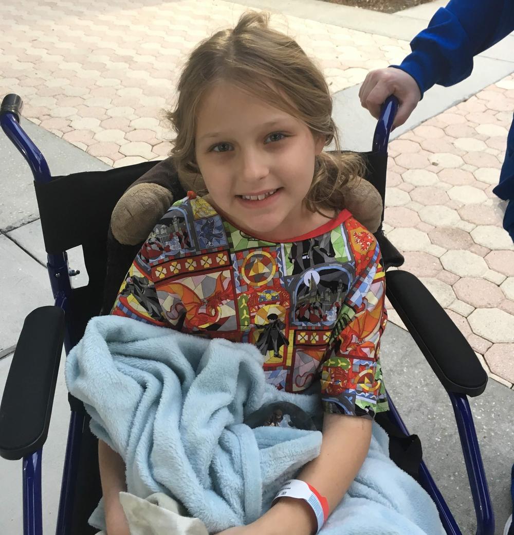 Abby Bray, then 9, on the day she was released from the hospital after an initial diagnosis with leukemia in December 2018. She spent 805 total days in treatment.