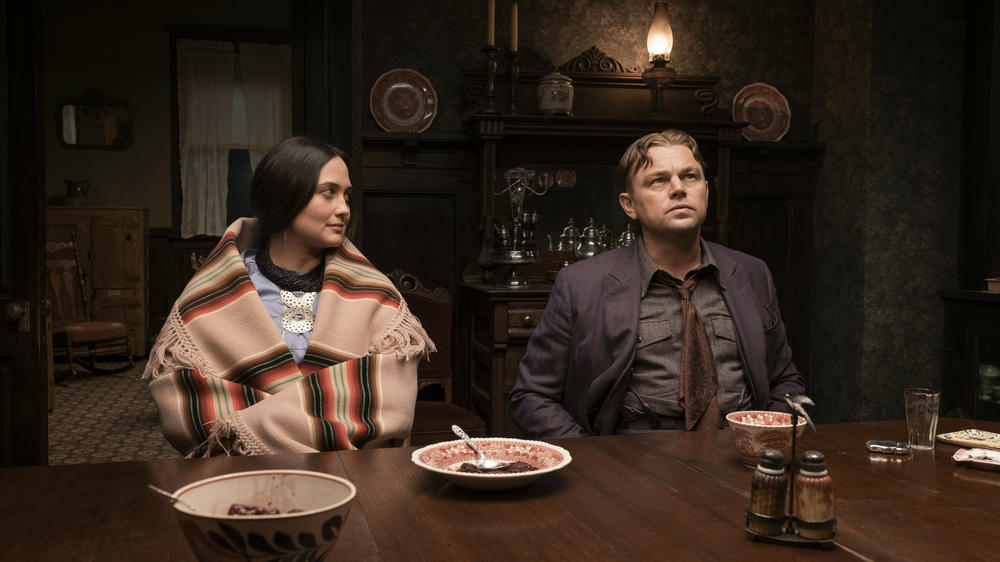 Lily Gladstone and Leonardo DiCaprio in <em>Killers of the Flower Moon.</em>