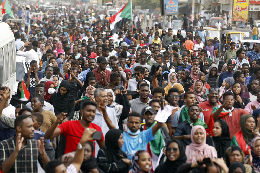 Sudanese protesters march during a demonstration in Khartoum, Sudan, Thursday, Aug. 1, 2019.