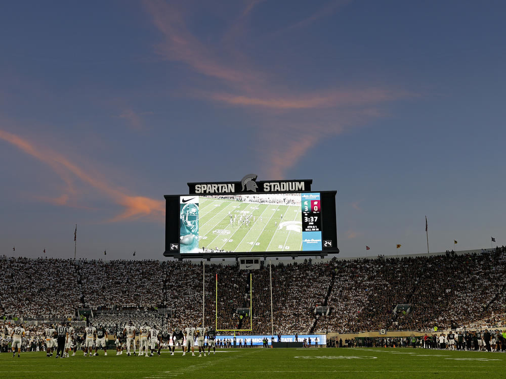 A general view as the sun sets during a game between the Central Michigan Chippewas and the Michigan State Spartans at Spartan Stadium on Sept. 1, 2023 in East Lansing, Mich.