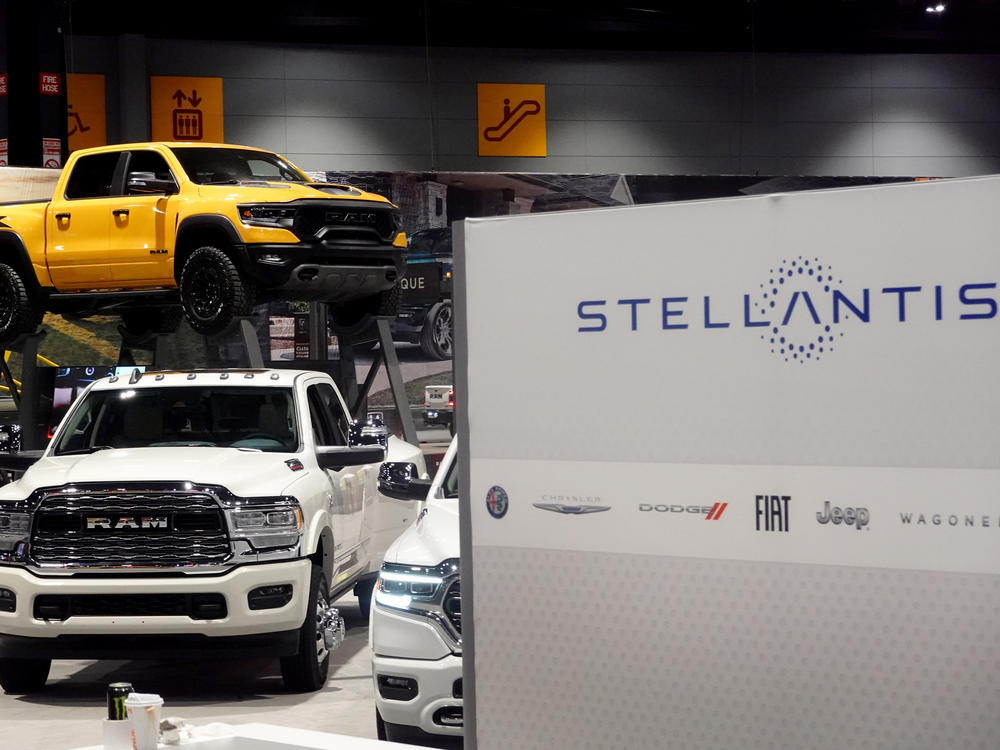 Stellantis shows off its Ram truck lineup at the Chicago Auto Show in Chicago on Feb. 9, 2023. The UAW ordered 6,800 union members to walk off their jobs at the company's lucrative Ram pickup assembly plant in Sterling Heights, Mich.
