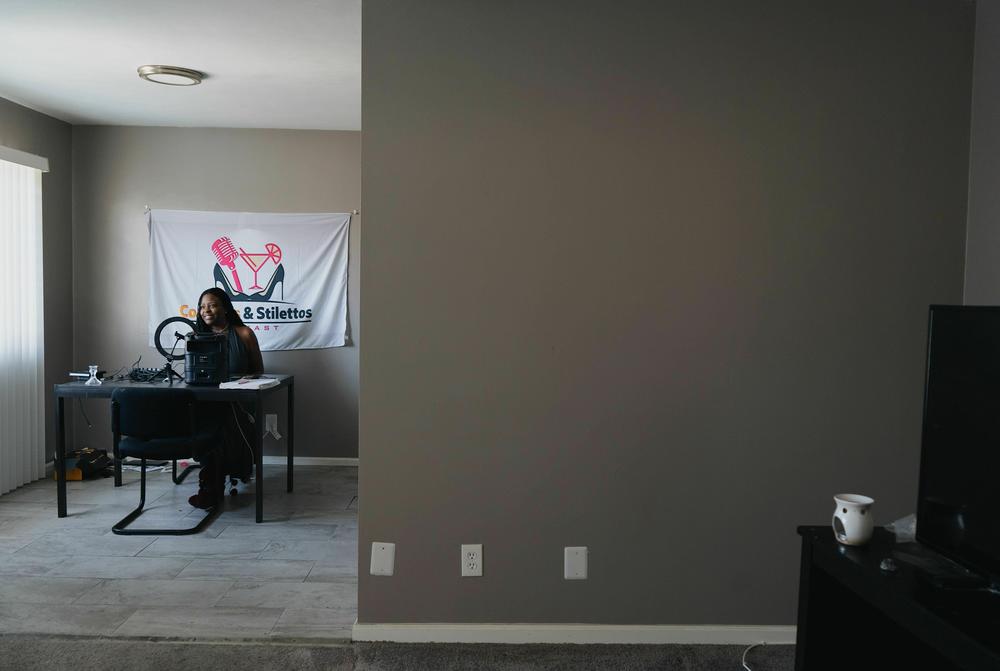 Brilliant Corners connected Tameka Swain to this Inglewood apartment after she and her son had struggled without housing. She's created a make-shift studio in her kitchen and hosts her own podcast.