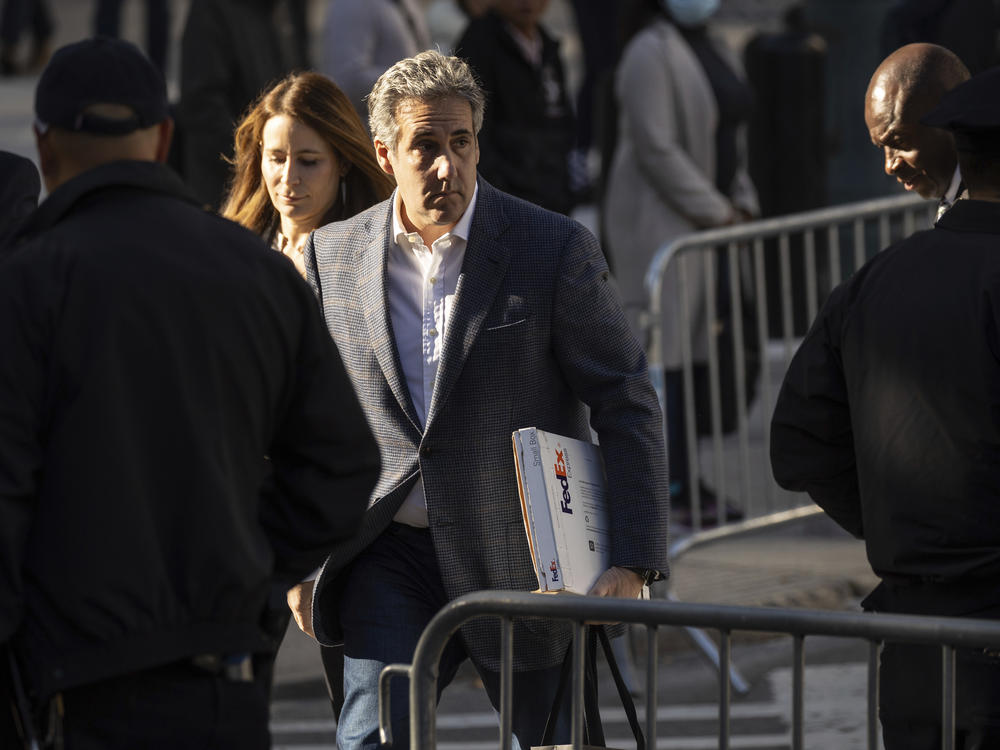 Michael Cohen arrives for former President Donald Trump's civil business fraud trial at New York Supreme Court on Tuesday.