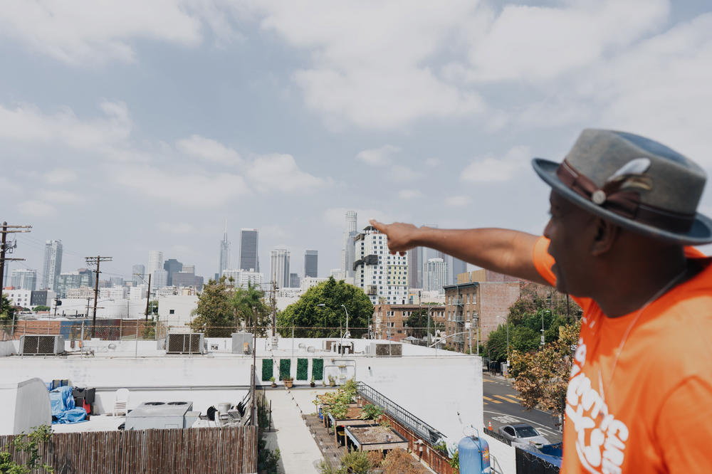 Pete White, executive director of the Los Angeles Community Action Network, points out luxury apartment construction in downtown. Homelessness experts say the growing shortage of affordable housing here and elsewhere is a key factor behind a record number of people living on the streets.