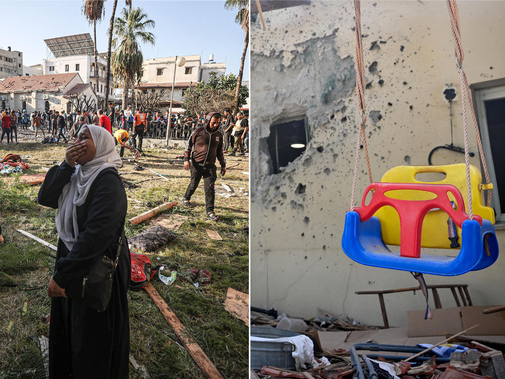 Left: A Palestinian woman cries at the garden of Al-Ahli Arabi Baptist Hospital after it was hit in Gaza City, Gaza on Oct. 18. Right: After an attack by Hamas on a kibbutz near the Gaza border, a swing is left intact while most of this family's house is in ruins. Five family members were kidnapped.