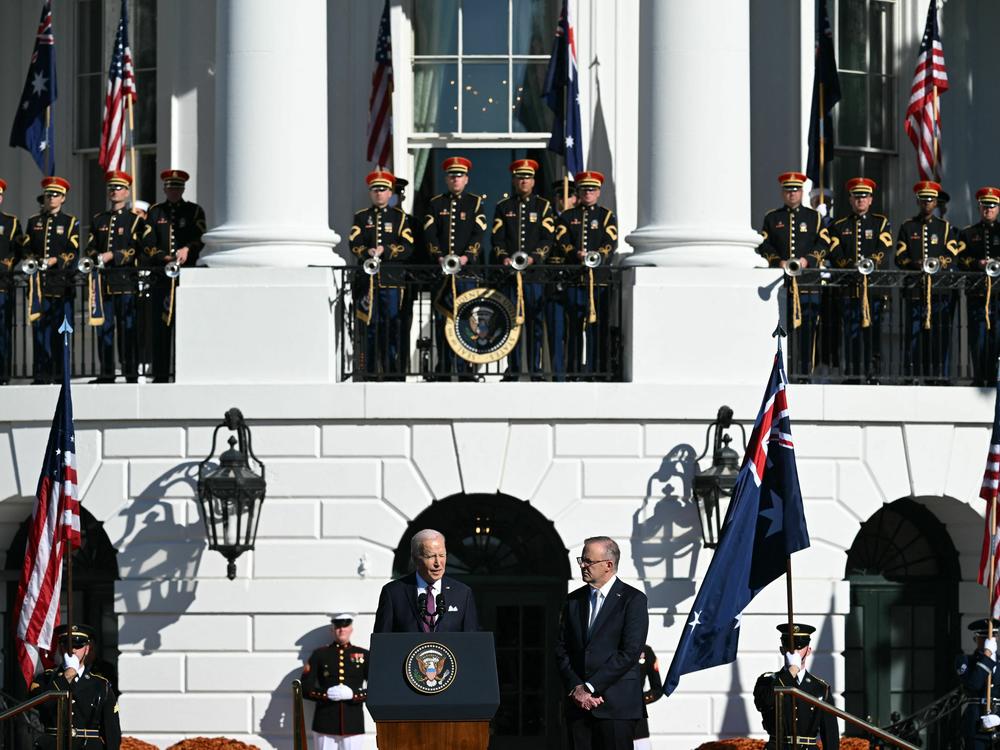 President Biden welcomes Australia's Prime Minister Anthony Albanese during an official arrival ceremony at the South Lawn of the White House.