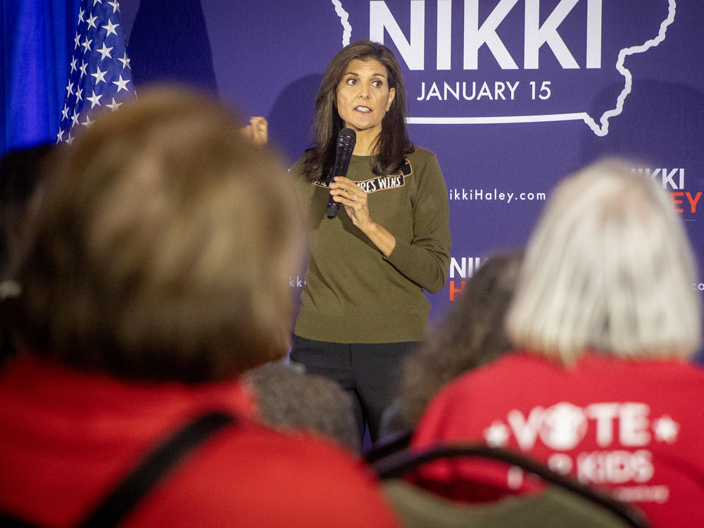 Former UN Ambassador and South Carolina Gov. Nikki Haley speaks to a crowd in Cedar Rapids, Iowa on Oct. 20 as she campaigns for the Republican Presidential nomination.