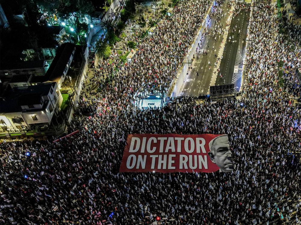 Demonstrators protest against the Israeli government's judicial overhaul plan in Tel Aviv on Sept. 23.