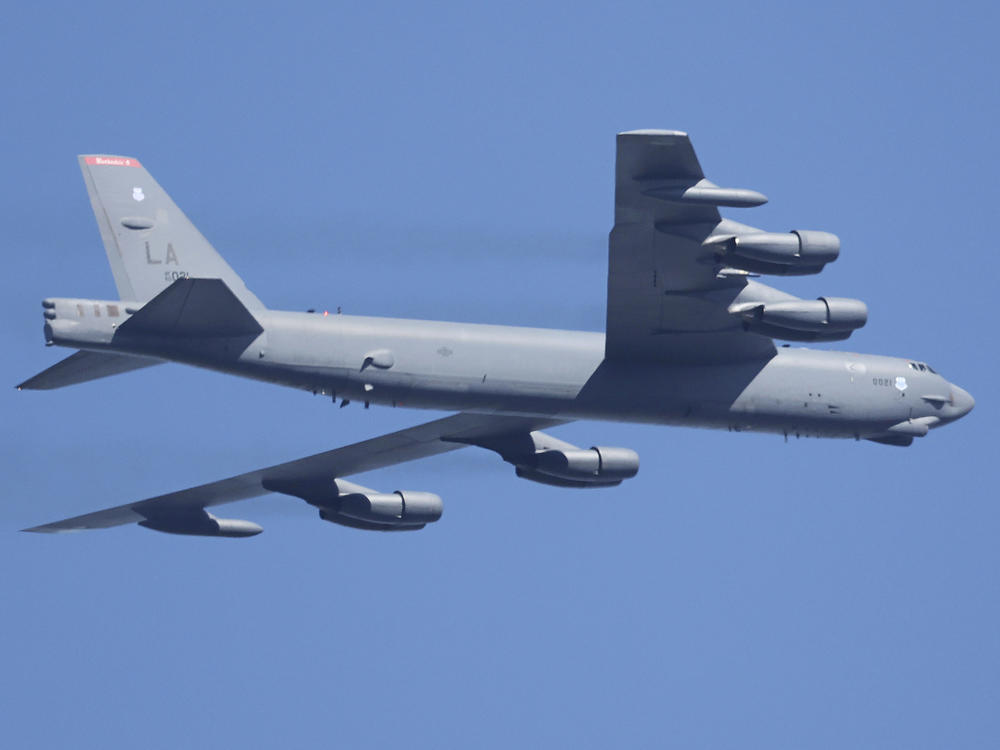 A U.S. Air Force B-52 bomber flies during the Seoul International Aerospace and Defense Exhibition 2023 at Seoul Air Base in Seongnam, South Korea, on Oct. 17, 2023.