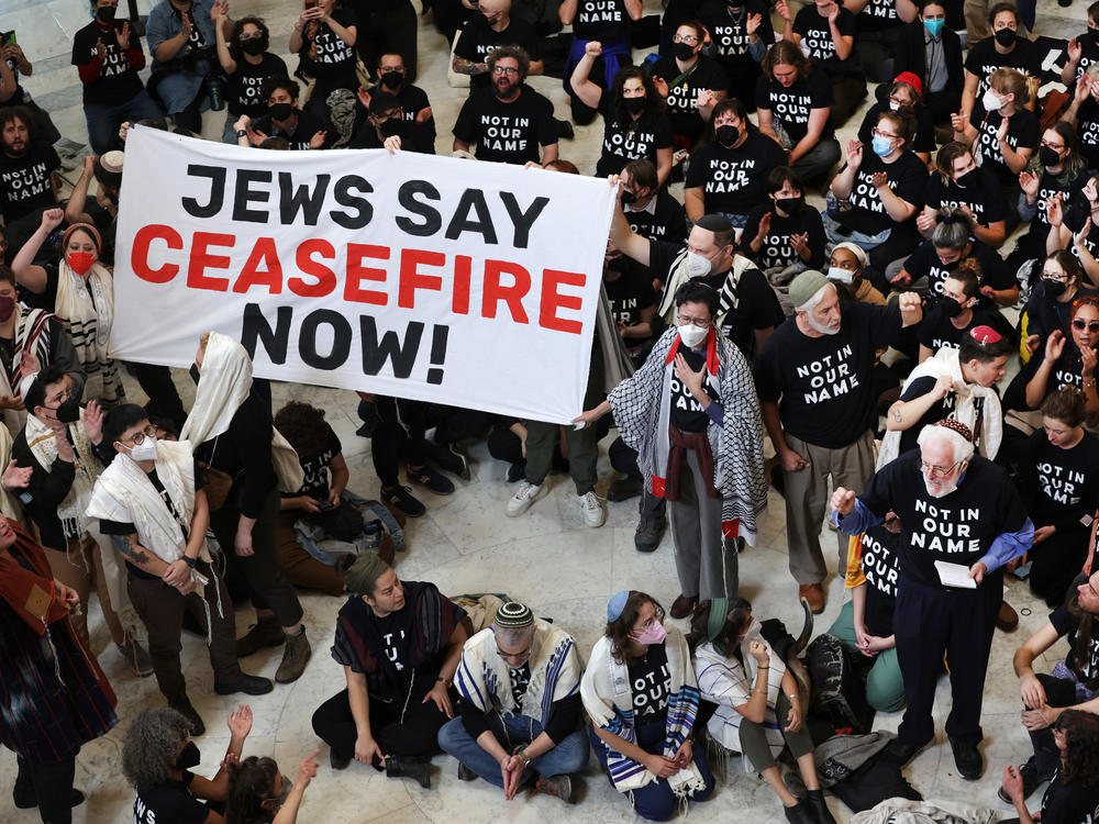 Members of the Jewish Voice for Peace and the If Not Now movement, two Jewish activist groups, stage a rally on Oct. 18 in Washington, D.C., to call for a cease-fire in the Israel–Hamas war.