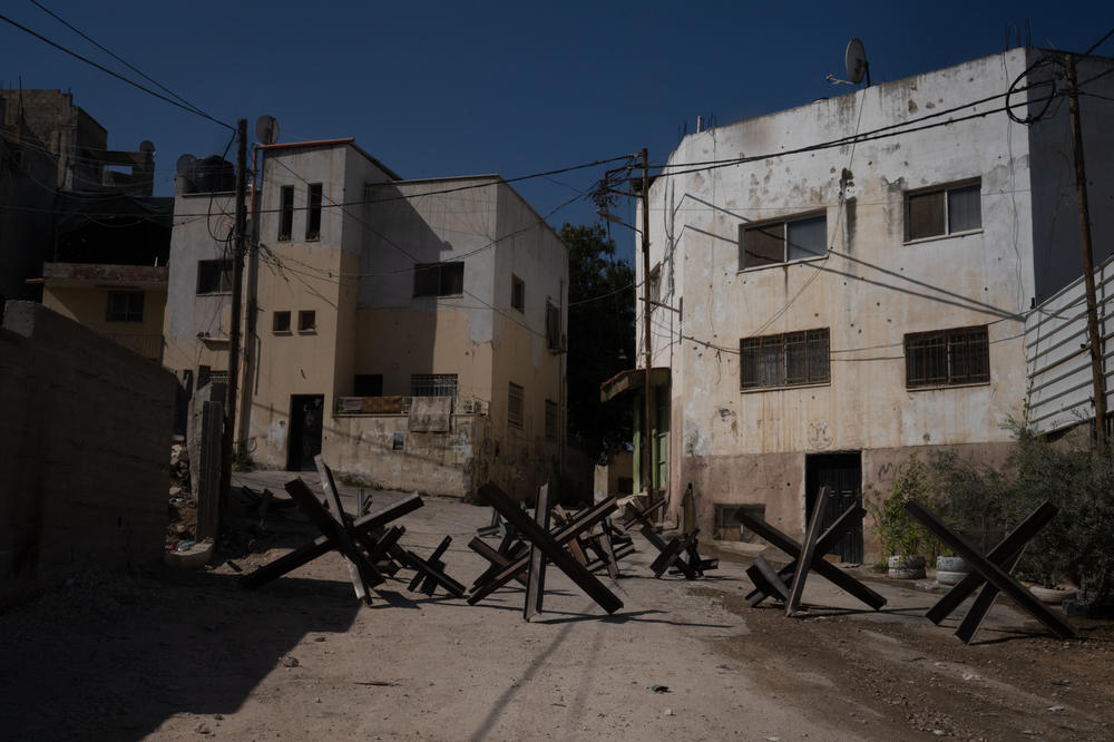 The road toward the Al-Ansar Mosque is blocked to vehicles in Jenin. Palestinian militants have been active in Jenin over the years.