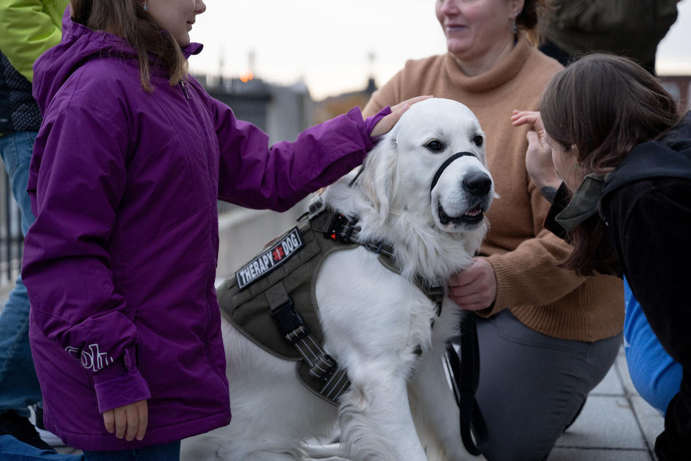 Before the OneLewiston Community Vigil, Gabriella Dunham, 10, left, pets Oliver, an English cream golden retriever therapy dog outside of the Basilica of Saints Peter and Paul in Lewiston, Maine.