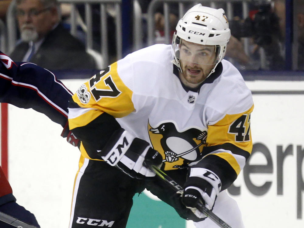 Former Pittsburgh Penguins forward Adam Johnson, 29, in action during an NHL hockey game in Columbus, Ohio, in 2017. Johnson died after a 