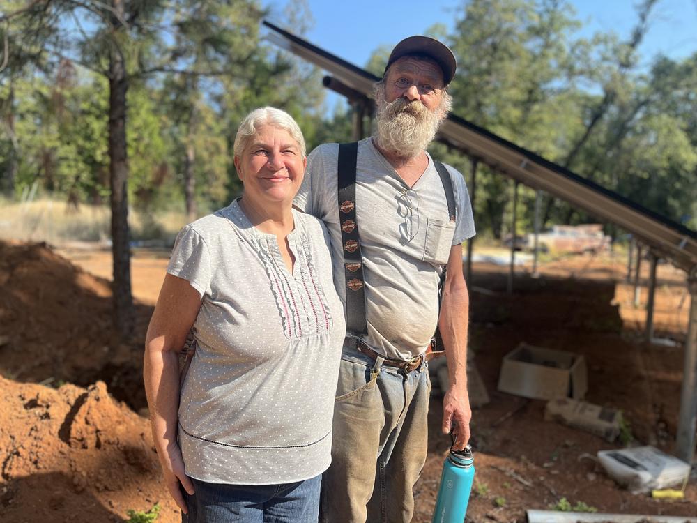 Bernadette Grant and Richard Fox are building an off-grid home with lumber milled from cleared out trees on a property Grant owns near Paradise that didn't burn in the Camp Fire.