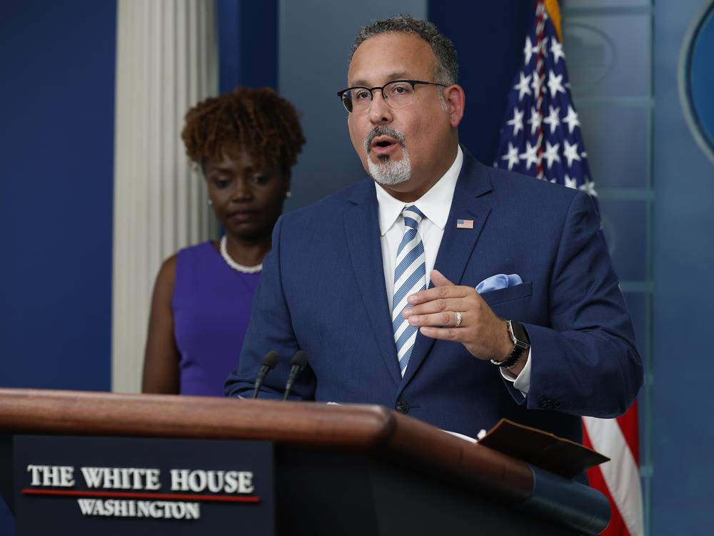 Education Secretary Miguel Cardona talks to reporters during the daily news conference in the Brady Press Briefing Room at the White House on June 30, 2023 in Washington, D.C.