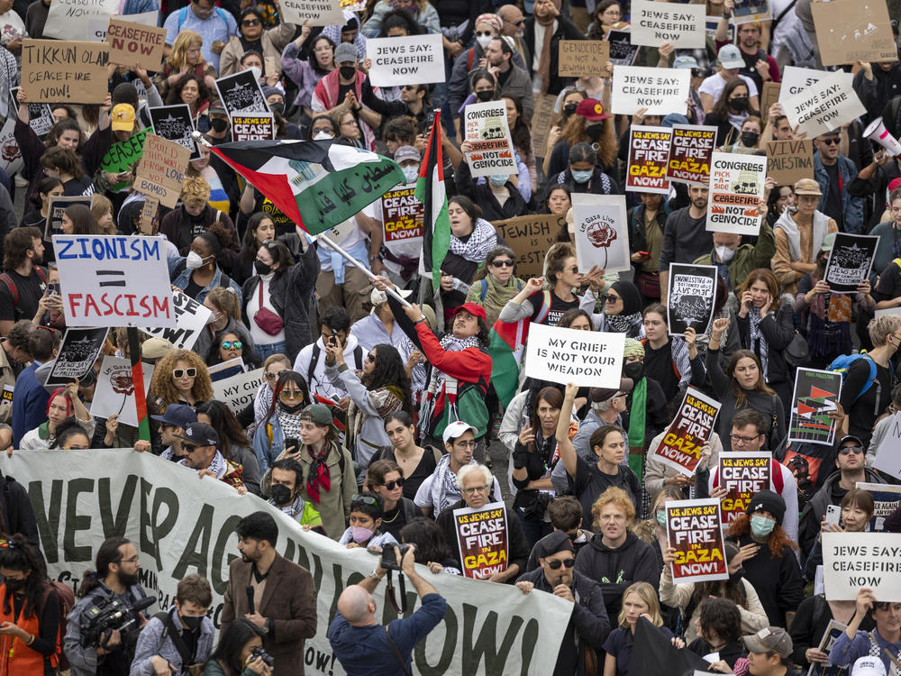 Demonstrators in support of a cease-fire in the Israel-Hamas war rally at the Capitol in Washington on Oct. 18.
