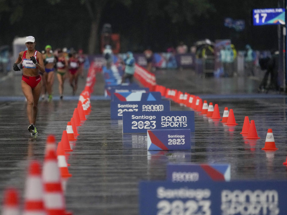 Peru's Kimberly Garcia competes in the women's 20km race walk final at the Pan American Games in Santiago, Chile, on Oct. 29, 2023.