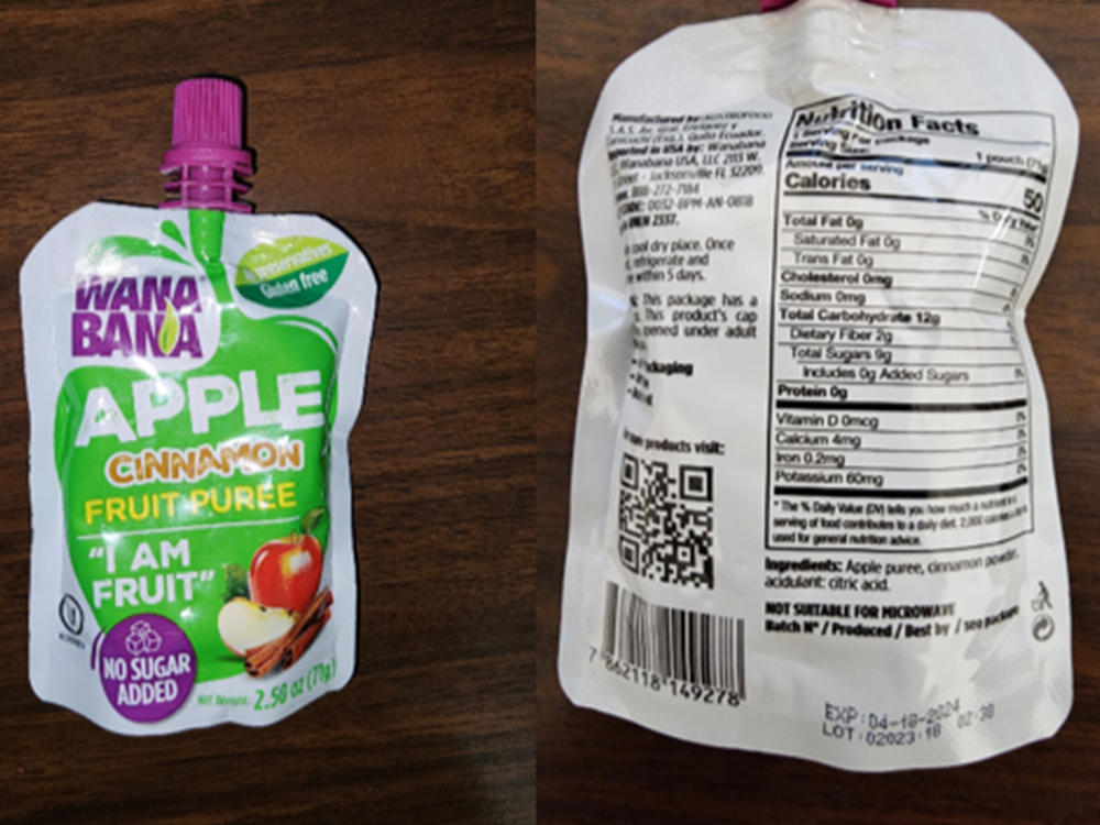 This photo provided by the U.S. Food and Drug Administration on Oct. 28, 2023, shows a WanaBana apple cinnamon fruit puree pouch.