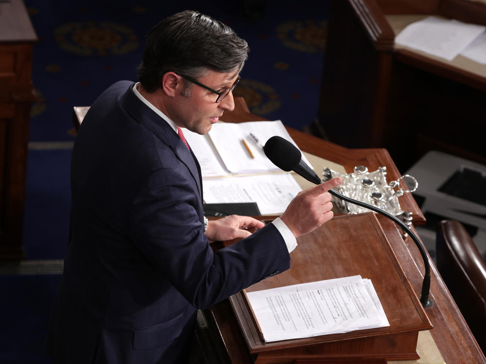 House Speaker Mike Johnson, R-La., delivers remarks at the U.S. Capitol on Wednesday. House Republicans have since introduced a bill that would give some $14 billion to Israel and cut that same amount from the IRS.