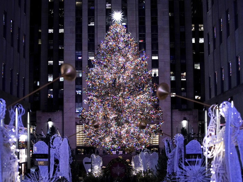 The Rockefeller Center Christmas tree stands illuminated following the 90th annual lighting ceremony, on Nov. 30, 2022, in New York.