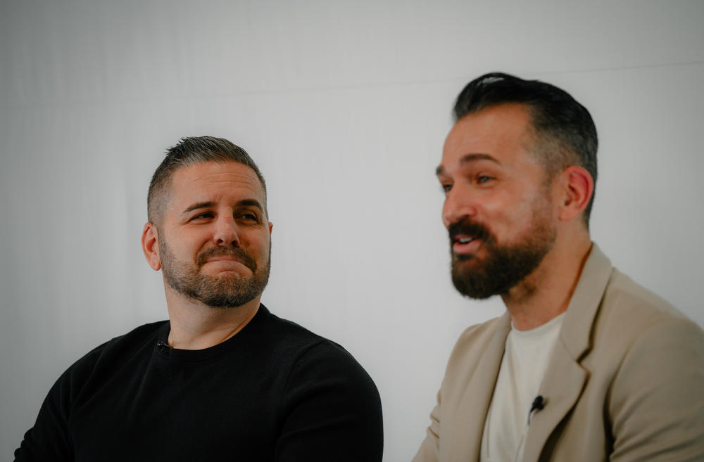 Jeff Zarrillo (left) and Paul Katami, plaintiffs in the landmark 2010 lawsuit that overturned California's ban on same-sex marriage, sit during an interview at the KQED offices in San Francisco on March 3.
