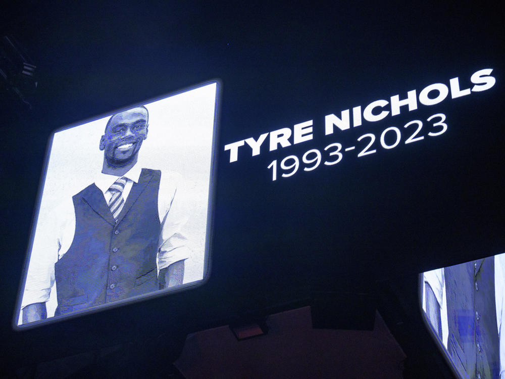 The screen at the Smoothie King Center in New Orleans honors Tyre Nichols before an NBA basketball game on Jan. 28.