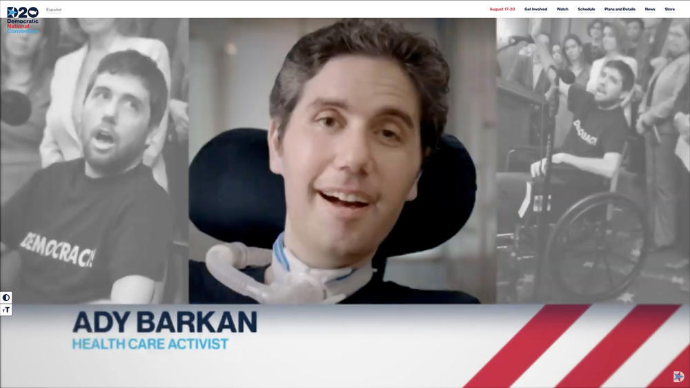 Barkan addresses the livestream of the virtual Democratic National Convention in August 2020.