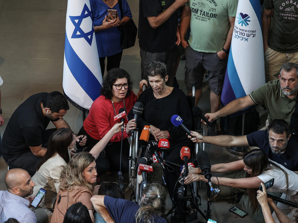 Yocheved Lifshitz, a freed hostage, speaks to media in front of Ichilov Hospital in Israel on Oct. 24, after she was released by Hamas from the Gaza Strip.