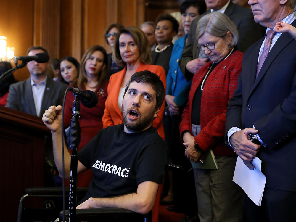 Barkan speaks at a rally organized by House Minority Leader Nancy Pelosi at the U.S. Capitol in December 2017.