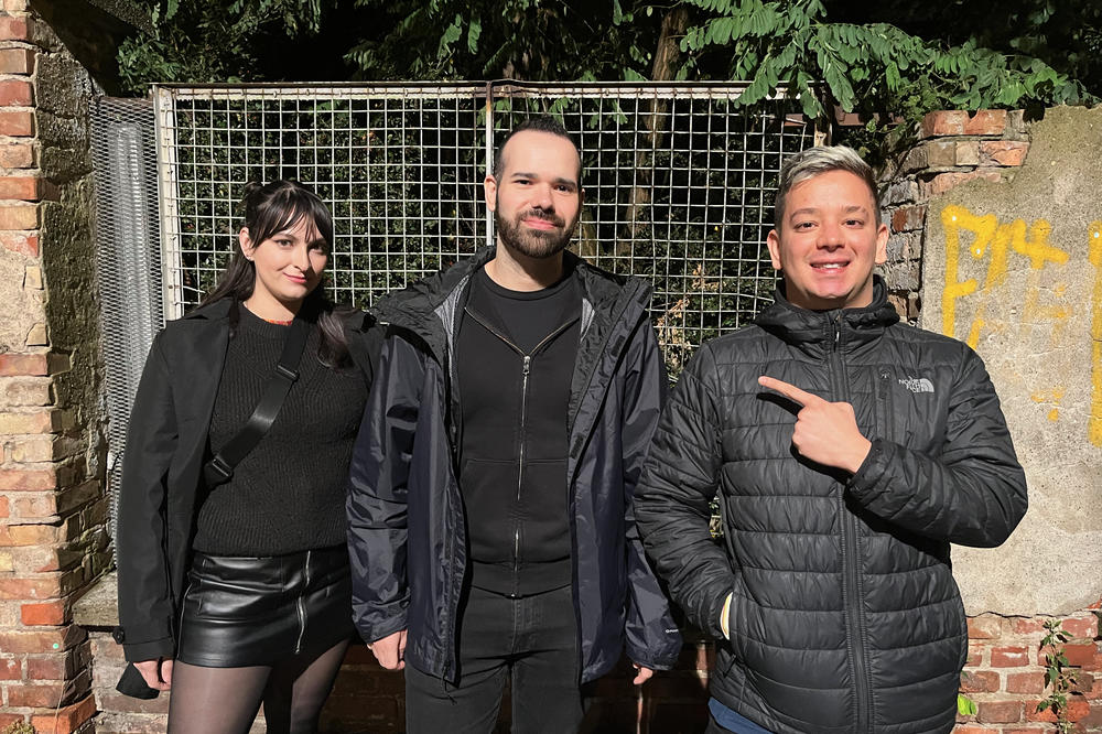 Andrea Sibaja, Jordan Inijuez and Darian Chacon, friends from Costa Rica, outside Berghain, Berlin's most famous club. Sibaja and Inijuez, visiting from Boston, had always wanted to experience Berghain, but on this day, bouncers at the door rejected them, sending them on their way.