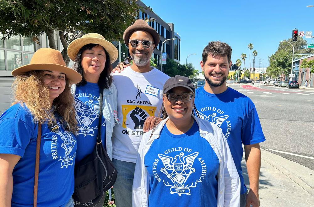 Writers Geetika Lizardi, Maria Elena Rodriguez, Steve Harper, Valeria Woods, Nicholas Geisler picket outside Amazon Studios.