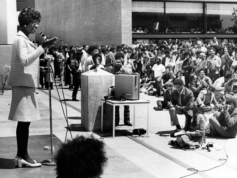 Shirley Chisholm, the first Black woman elected to U.S. Congress was running for president in 1972 when she had a remarkable interaction with the pro-segregation George Wallace, then governor of Alabama. Her efforts to build bridges with him ultimately changed his point of view. She's pictured here giving a speech at Laney Community College during her presidential campaign.