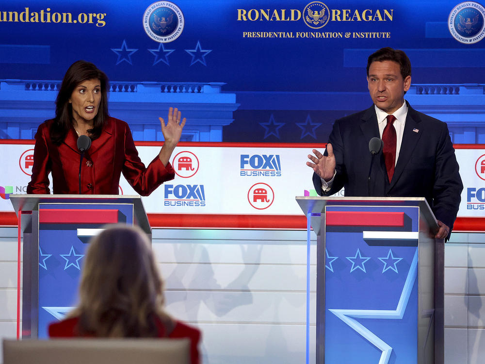 Republican presidential candidates former U.N. Ambassador Nikki Haley and Florida Gov. Ron DeSantis participate in the FOX Business Republican Primary Debate at the Ronald Reagan Presidential Library in September.