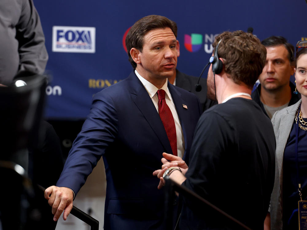 Republican presidential candidate Florida Gov. Ron DeSantis prepares to talk to reporters in the spin room at the FOX Business Republican Primary Debate at the Ronald Reagan Presidential Library on Sept. 27.