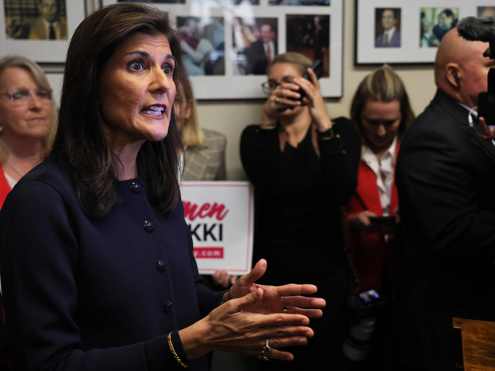 Republican presidential candidate former U.N. Ambassador Nikki Haley answers reporters questions after filing the New Hampshire Primary Ballot at the New Hampshire State House on Oct. 13, 2023 in Concord, N.H.
