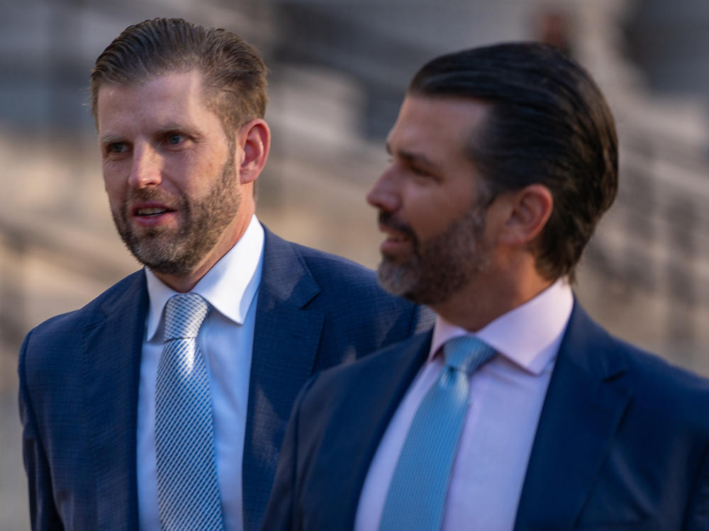 Donald Trump Jr. and his brother Eric Trump arrive at New York Supreme Court for former President Donald Trump's civil fraud trial on November 02, 2023