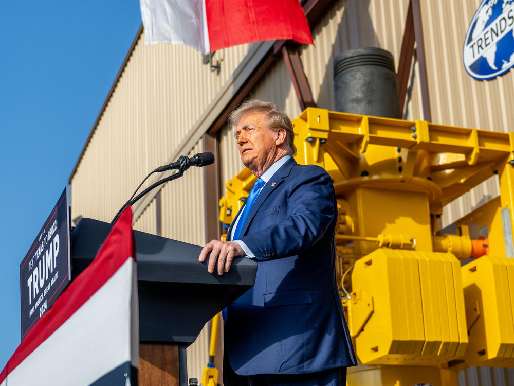 Republican presidential candidate former President Donald Trump speaks during a campaign rally at Trendsetter Engineering Inc. on Nov. 2 in Houston.