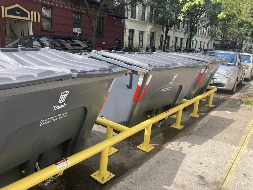 A set of waste containers sits in a street in the West Harlem neighborhood of New York City, where the city recently began a waste containerization pilot program.