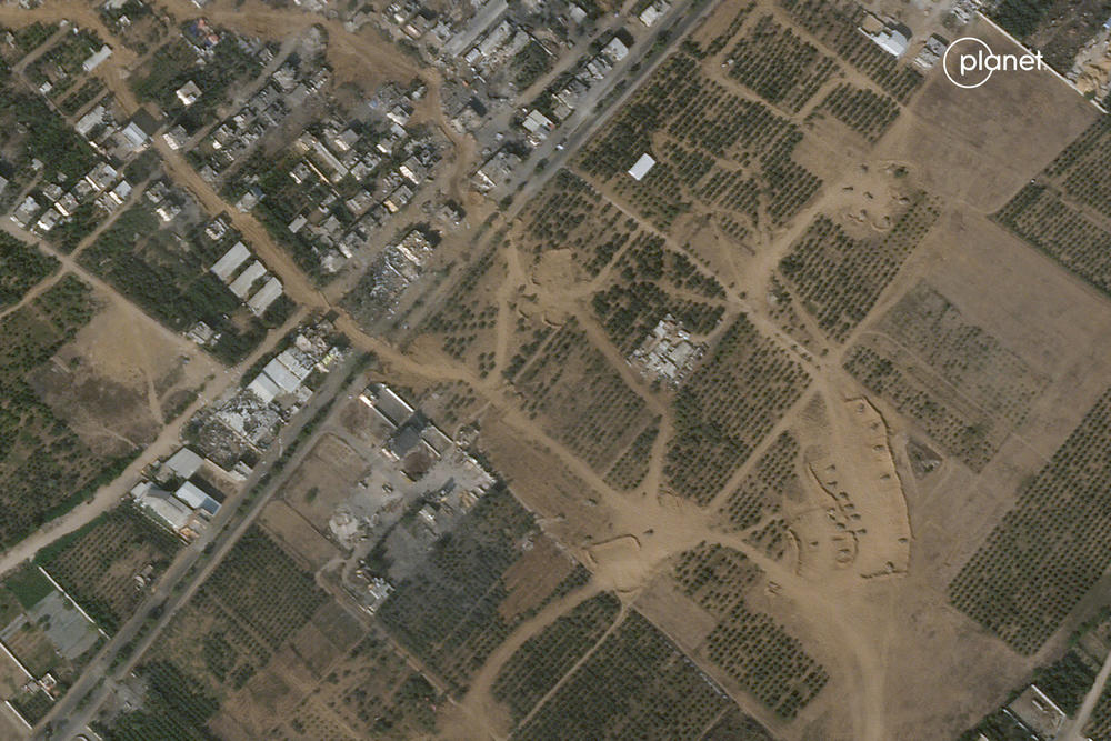 A satellite image from Oct. 31 shows around two dozen Israeli armored vehicles positioned near Salah Al Din Road in the Gaza Strip. The road is a main artery between Gaza City and the south of the strip.
