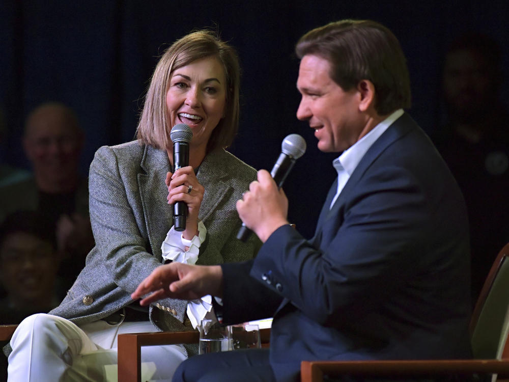 Florida Gov. Ron DeSantis speaks at an event with Iowa Gov. Kim Reynolds on March 10 in Davenport, Iowa.