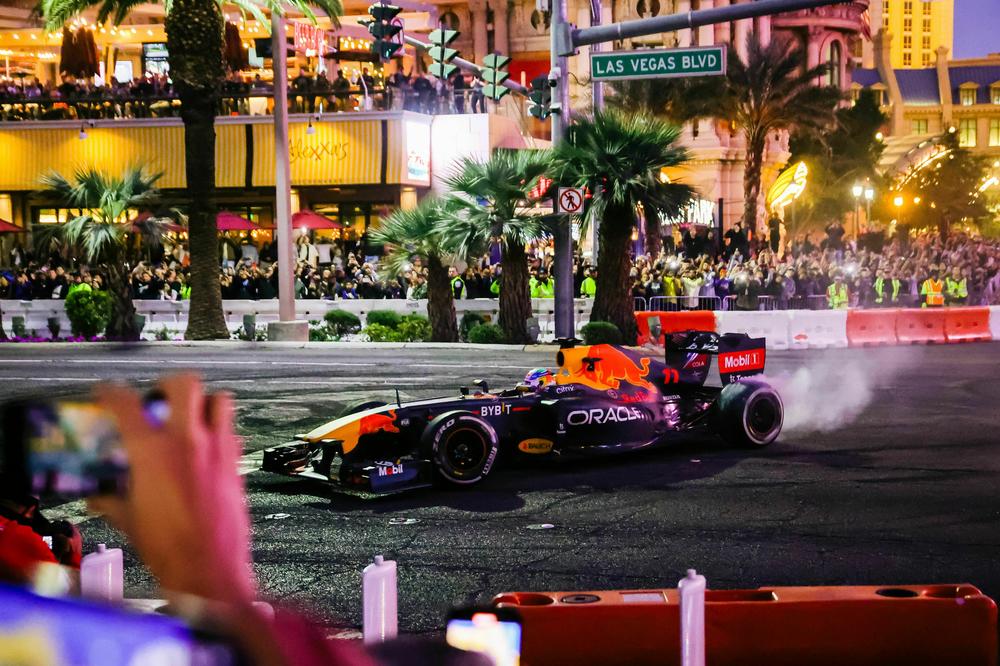 A Formula 1 racing team car from Oracle Red Bull Racing burns out on the Las Vegas Strip during the Las Vegas Grand Prix Launch Party, ahead of the 2023 Inaugural Las Vegas Grand Prix, at Caesars Palace, in Las Vegas, Nevada, on Nov. 5, 2022.