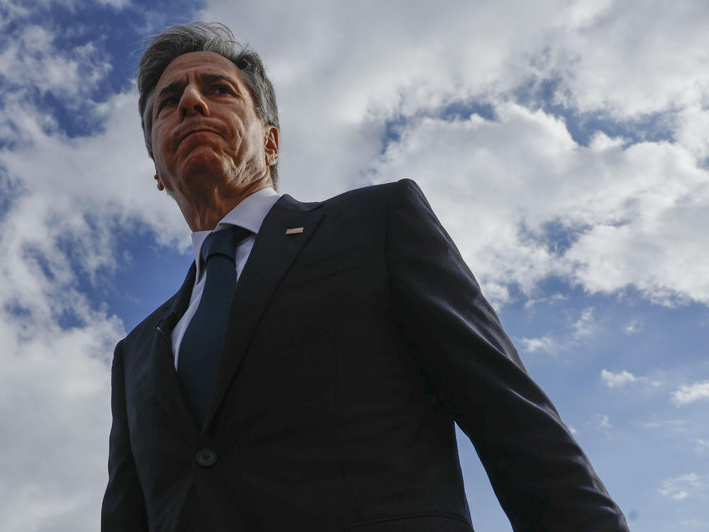 U.S. Secretary of State Antony Blinken walks to board a plane after his meetings with Turkish counterparts, as he departs from Ankara Esenboga Airport in Ankara, Turkey, on Monday.