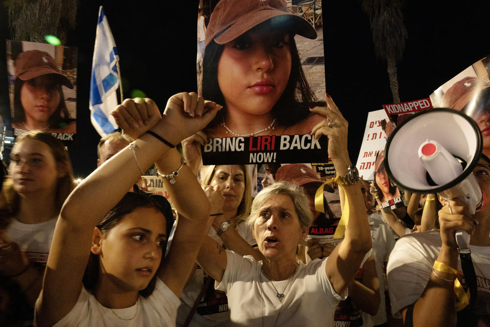 Family of hostage Liri Albag protest outside the Ministry of Defense on Nov. 4, in Tel Aviv, Israel. Albag, 18, is a surveillance soldier at the Nahal Oz army base, and was taken captive by Hamas militants on Oct. 7.
